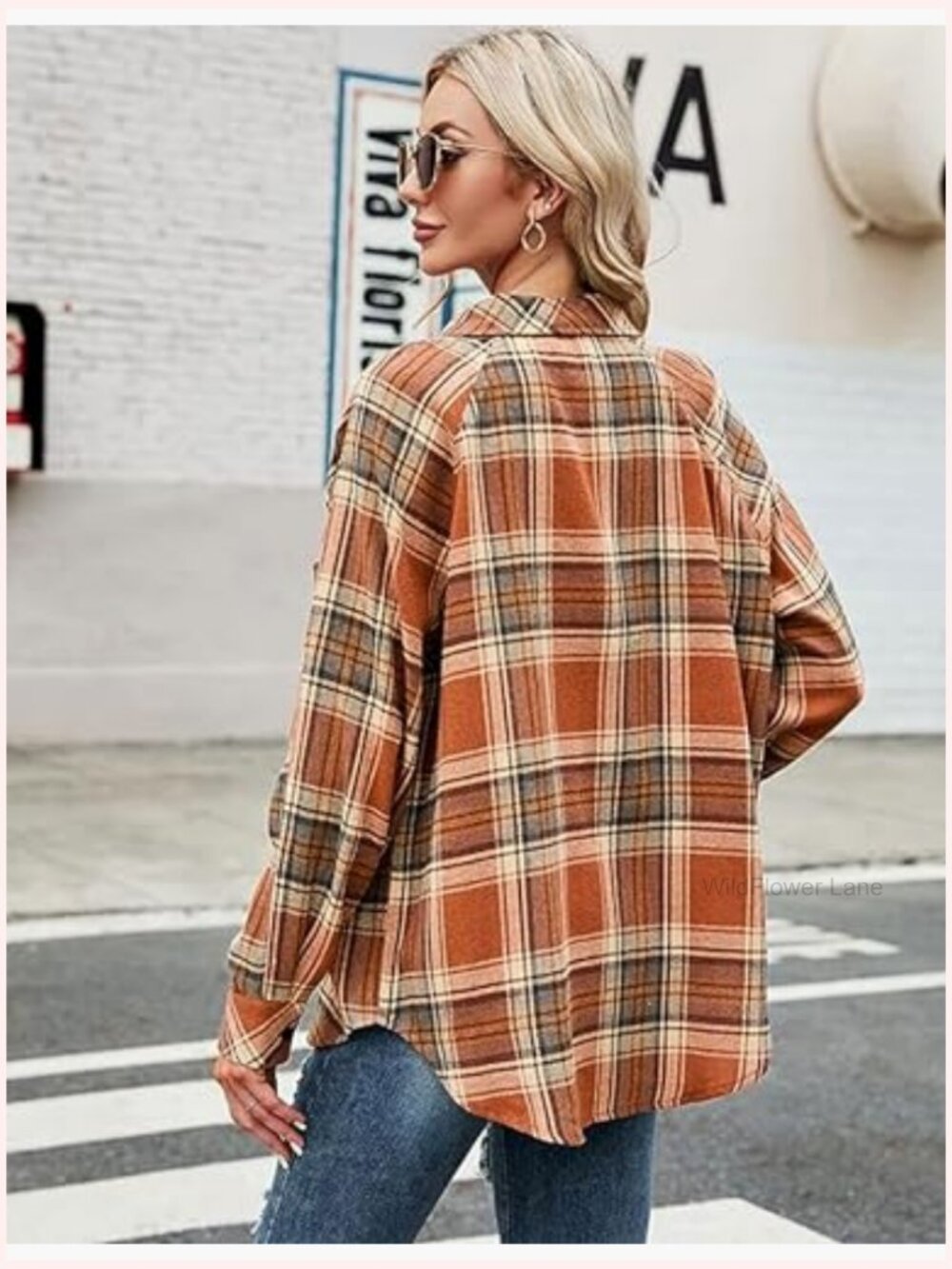 Oversized Flannel Plaid Button Down Shacket Blouse Tops - Picture 5 of 7